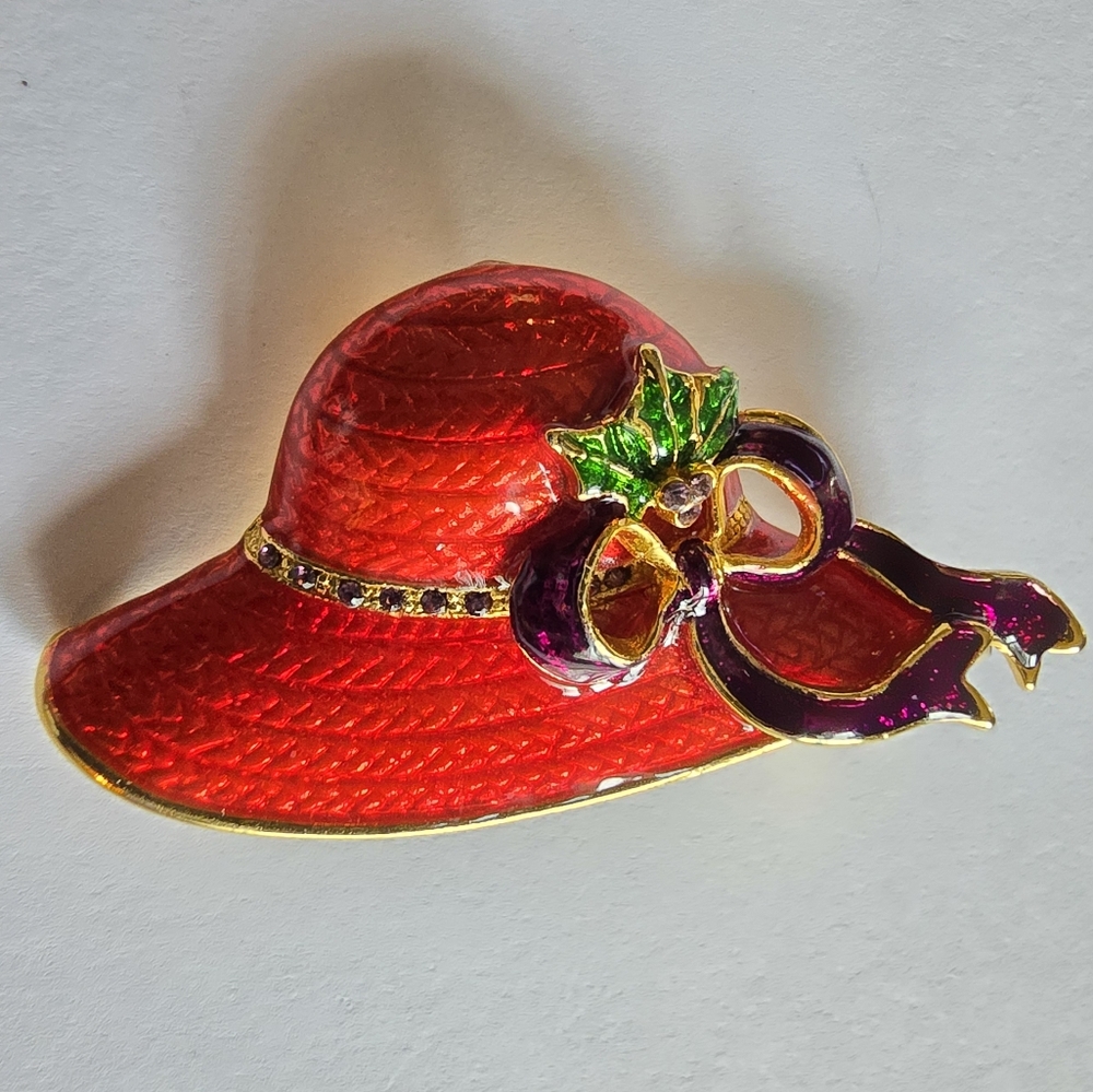 Vintage Red Hat Society brooch red enamel purple rhinestones pendant pin